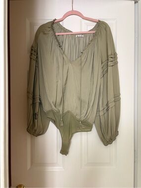 Free People Olive Green Peasant Bodysuit with Tassel Ties